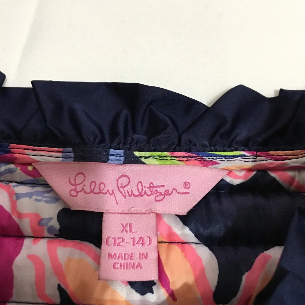 Lilly Pulitzer Quilted Vest Girls XL Navy Blue Ruffle Trim Full Zip Floral Lined